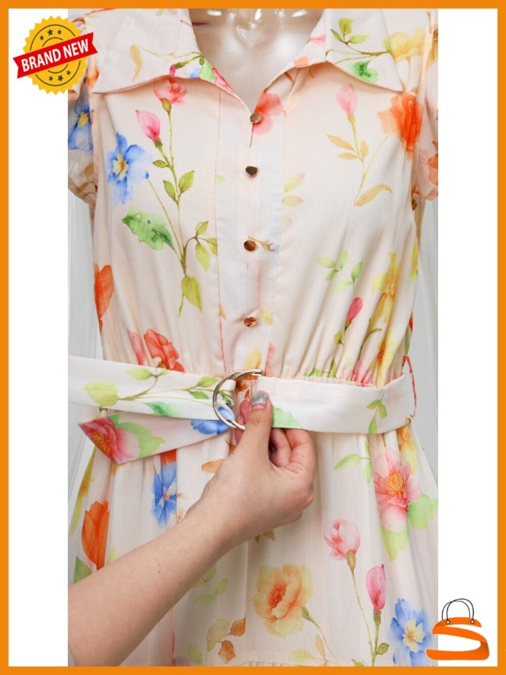 Floral Midi Dress Flutter Short Sleeve Chiffon Button Down A-Line Pleated - Picture 6 of 6